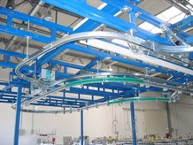 Conveyor to move cable harnesses automatically from one to another workplace